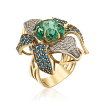 обзорное фото Кольцо из лимонного золота в виде цветка с кварцем и фианитами 035900 Золотые кольца обзорное фото Кольцо из лимонного золота в виде цветка с кварцем и фианитами 035900  Золотые кольца