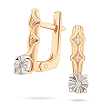 обзорное фото Золотые серьги с волнообразным орнаментом и белыми лучиками украшенными бриллиантами 040509  Золотые серьги с бриллиантами