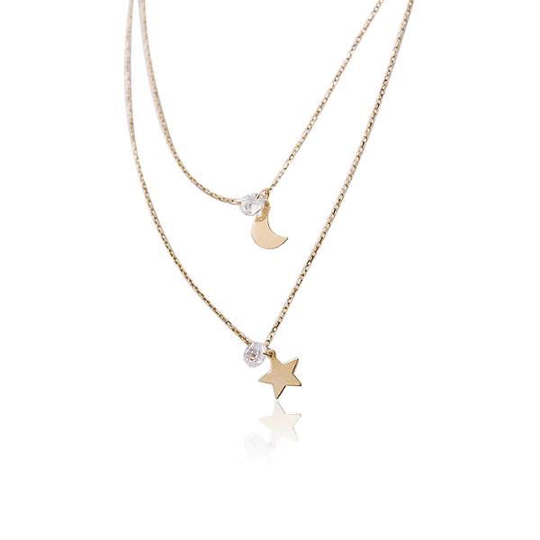 Двойное колье из золота Луна и Звезда с фианитом 032813 детальное изображение ювелирного изделия Золотые колье с камнями Двойное колье из золота Луна и Звезда с фианитом 032813 детальное изображение ювелирного изделия Золотые колье с камнями