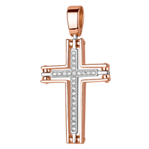 обзорное фото Золотой объемный крест с белыми фианитами, 585 проба золота 037965 Декоративные золотые крестики обзорное фото Золотой объемный крест с белыми фианитами, 585 проба золота 037965  Декоративные золотые крестики