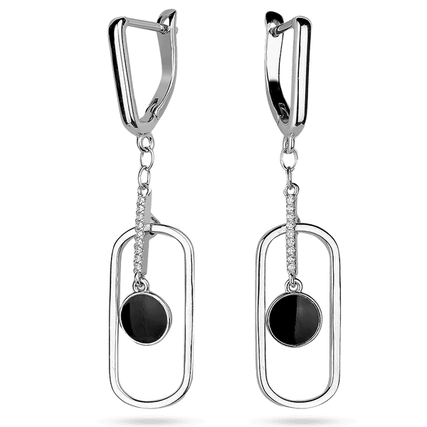 Серебряные серьги в геометрическом стиле с белыми фианитами и черной эмалью 039548 детальное изображение ювелирного изделия Серебряные серьги с камнями Серебряные серьги в геометрическом стиле с белыми фианитами и черной эмалью 039548 детальное изображение ювелирного изделия Серебряные серьги с камнями