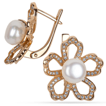 обзорное фото Серьги Цветок из золота с жемчугом и фианитами 032175  Золотые серьги с жемчугом