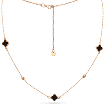 обзорное фото Золотое колье с чёрной емалью Клевер и шарики с алмазной гранью 038937 Золотые колье с камнями обзорное фото Золотое колье с чёрной емалью Клевер и шарики с алмазной гранью 038937  Золотые колье с камнями