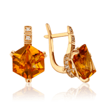 обзорное фото Изысканые женские золотые серьги с цитрином и фианитами 036437  Золотые серьги