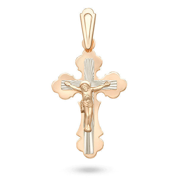 Золотая подвеска двойной комбинированный крестик с распятием на белом рельефном кресте 034536 детальное изображение ювелирного изделия Золотые крестики православные