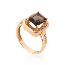 обзорное фото Золотое кольцо с квадратным раухтопазом и фианитами 034588  Золотые кольца