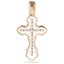 обзорное фото Крест с белой эмалью и фианитами в красном золоте 039037 Декоративные золотые крестики обзорное фото Крест с белой эмалью и фианитами в красном золоте 039037  Декоративные золотые крестики