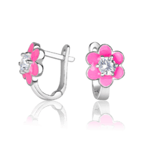 обзорное фото Серебряные детские серьги на английском замке с эмалью розовые ромашки 037607  Подарок дочке