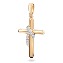 обзорное фото Золотой крестик с диагональной лентой из белого золота, инкрустированной фианитами 040884  Декоративные золотые крестики