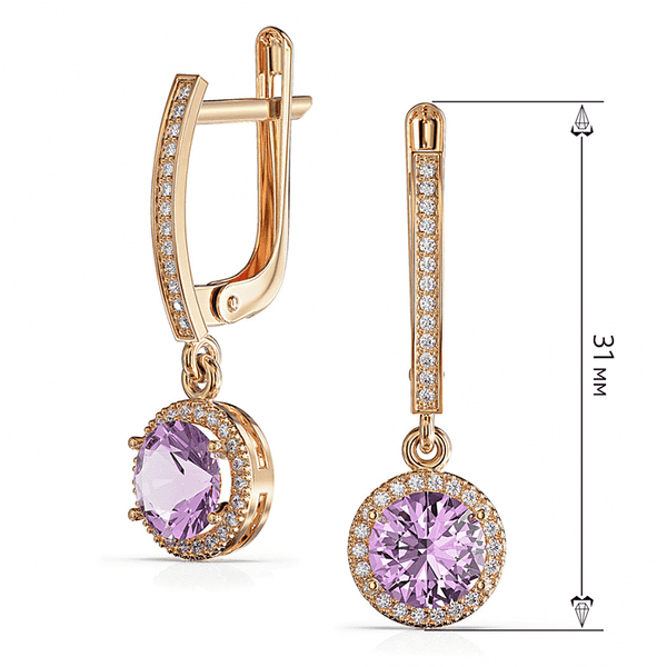 Золотые серьги с аметистом круглой огранки и россыпью фианитов на английской застежке Золотые серьги с аметистом круглой огранки и россыпью фианитов на английской застежке