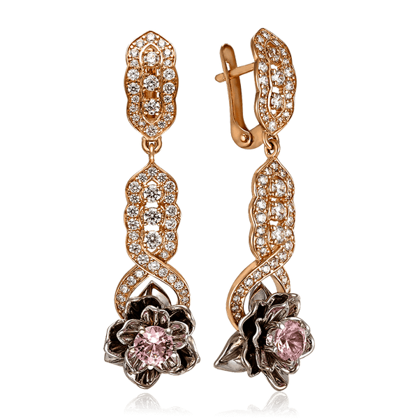 Длинные золотые серьги с морганитом и фианитами Длинные золотые серьги с морганитом и фианитами