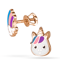 обзорное фото Золотые детские серьги-гвоздики Единорожка и радуга 040067 Серьги без камней обзорное фото Золотые детские серьги-гвоздики Единорожка и радуга 040067  Серьги без камней