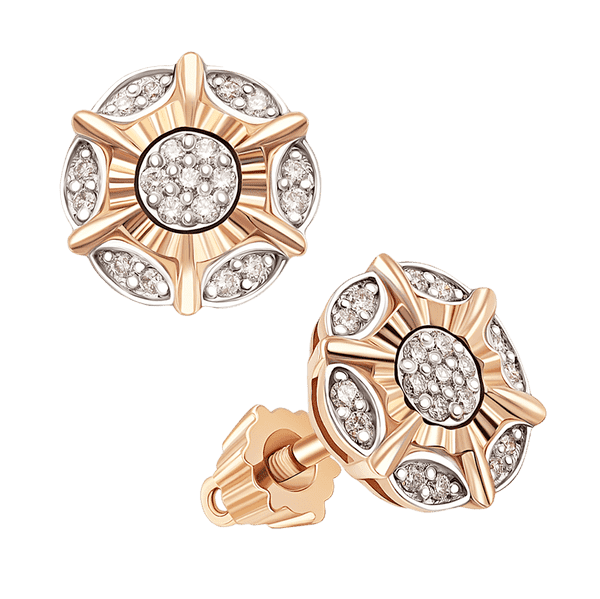 Золотые пуссет с оригинальным дизайном, инкрустированы маленькими бриллиантами 040358 детальное изображение ювелирного изделия Золотые серьги с бриллиантами