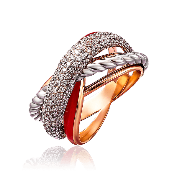 Кольцо из комбинированного золота с красной эмалью и фианитами 030805 детальное изображение ювелирного изделия Золотые кольца Кольцо из комбинированного золота с красной эмалью и фианитами 030805 детальное изображение ювелирного изделия Золотые кольца