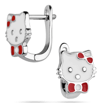 обзорное фото Детские серьги из серебра Hello Kitty с бантиком и красной и белой эмалью 039464  Детские серебряные серьги 