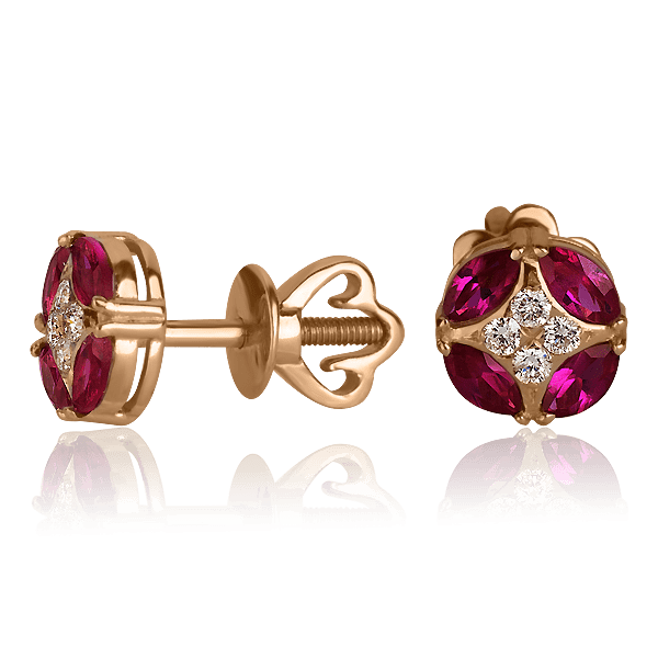Серьги-пусеты в красном золоте с рубинами и бриллиантами 025415 детальное изображение ювелирного изделия Золотые серьги с рубином Серьги-пусеты в красном золоте с рубинами и бриллиантами 025415 детальное изображение ювелирного изделия Золотые серьги с рубином