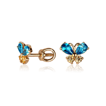 обзорное фото Золотые серьги-гвоздики Бабочки с жёлто-голубыми фианитами 030484  Серьги с камнями