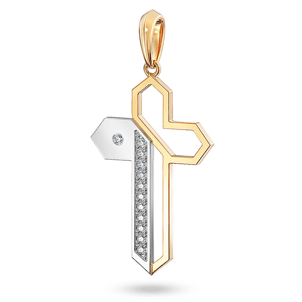 Крестик из комбинированного золота в геометрическом стиле, инкрустированный дорожкой фианитов 040820 детальное изображение ювелирного изделия Декоративные золотые крестики