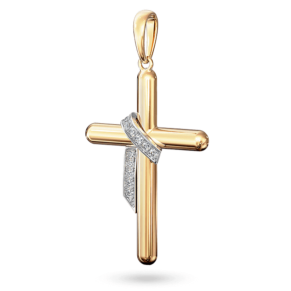 Золотой подвес-крестик с закругленными концами, украшенный диагональной лентой с фианитами 040701 детальное изображение ювелирного изделия Декоративные золотые крестики Золотой подвес-крестик с закругленными концами, украшенный диагональной лентой с фианитами 040701 детальное изображение ювелирного изделия Декоративные золотые крестики