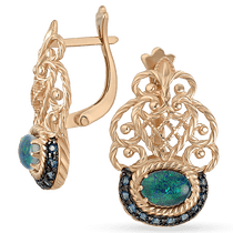 обзорное фото Ажурные золотые серьги с опалом и фианитами 034159 Золотые серьги с опалом обзорное фото Ажурные золотые серьги с опалом и фианитами 034159  Золотые серьги с опалом