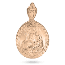 обзорное фото Золотая овальная ладанка "Иверская икона Божией Матери" с декоративным орнаментом по краям 031593  Золотые подвески иконки