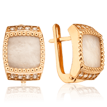 обзорное фото Квадратные серьги из золота 585 пробы с перламутром и фианитами 034384 Золотые серьги обзорное фото Квадратные серьги из золота 585 пробы с перламутром и фианитами 034384  Золотые серьги