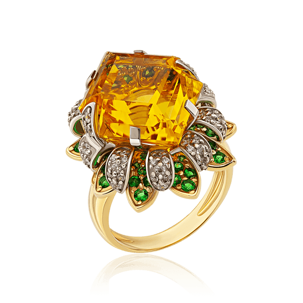 Массивное кольцо в лимонном золоте в форме Цветка с цитрином и фианитами 036438 детальное изображение ювелирного изделия Золотые кольца Массивное кольцо в лимонном золоте в форме Цветка с цитрином и фианитами 036438 детальное изображение ювелирного изделия Золотые кольца