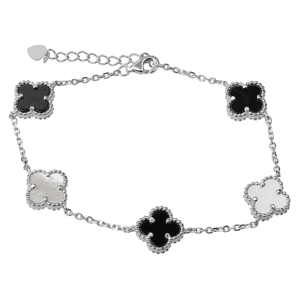 Нежный серебряный браслет Клевер с перламутром и ониксом 039395 детальное изображение ювелирного изделия Серебряные женские браслеты Нежный серебряный браслет Клевер с перламутром и ониксом 039395 детальное изображение ювелирного изделия Серебряные женские браслеты