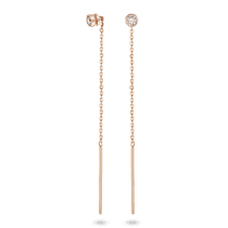 обзорное фото Золотые серьги-протяжки с круглым фианитом и тонкой цепочкой с цилиндрическими подвесками 040718 Золотые серьги с фианитом обзорное фото Золотые серьги-протяжки с круглым фианитом и тонкой цепочкой с цилиндрическими подвесками 040718  Золотые серьги с фианитом