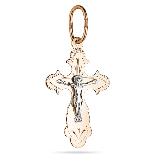 Православный крест с распятием и гравировкой в красном и белом золоте 039498 детальное изображение ювелирного изделия Золотые крестики православные Православный крест с распятием и гравировкой в красном и белом золоте 039498 детальное изображение ювелирного изделия Золотые крестики православные
