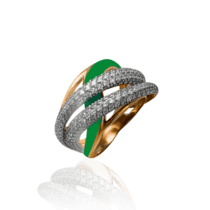 обзорное фото Золотое кольцо с россыпью фианитов и зеленой эмалью 030809  Эксклюзивные кольца из золота