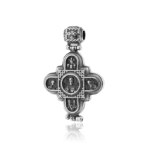 обзорное фото Нательный крест мощевик из серебра Господь Вседержитель. Божия Матерь 030662  Серебряные подвески крестики