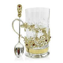 обзорное фото Серебряный набор подстаканник и ложка с позолотой и кабошонами 036360 Наборы столового серебра обзорное фото Серебряный набор подстаканник и ложка с позолотой и кабошонами 036360  Наборы столового серебра