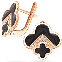 обзорное фото Женские золотые серьги Клевер с черной эмалью и фианитами 038980 Золотые серьги с эмалью обзорное фото Женские золотые серьги Клевер с черной эмалью и фианитами 038980  Золотые серьги с эмалью