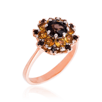 обзорное фото Золотое кольцо с дымчатым кварцем и цитрином Цветок 032949  Золотые кольца с цитрином