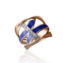 обзорное фото Золотое кольцо с синей эмалью и фианитами 030833  Эксклюзивные кольца из золота
