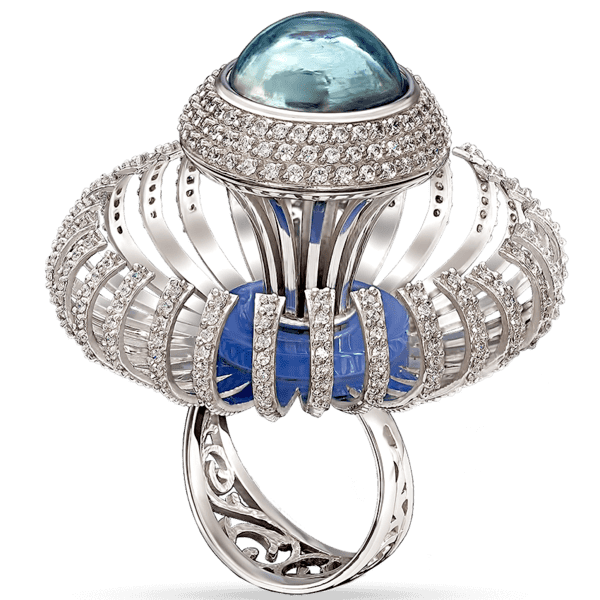 Эксклюзивное кольцо в белом золоте с голубым топазом, агатом и фианитами Атлантида 033301 детальное изображение ювелирного изделия Золотые кольца с топазом