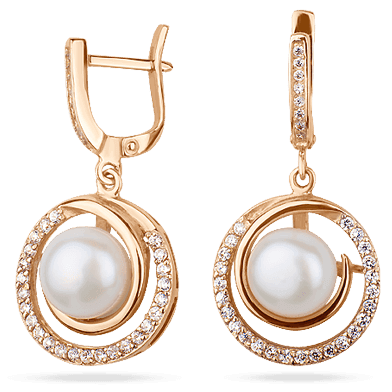 Золотые серьги с жемчугом и фианитами на английском замке 512106 детальное изображение ювелирного изделия Золотые серьги с жемчугом