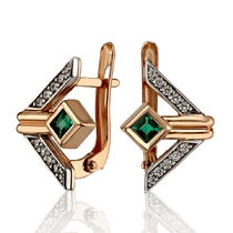 обзорное фото Геометрические сережки с зелеными изумрудами 033689 Золотые серьги обзорное фото Геометрические сережки с зелеными изумрудами 033689  Золотые серьги