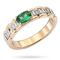 обзорное фото Золотое кольцо с изумрудом в овальной огранке и вставками инкрустированными бриллиантами 040621  Золотые кольца с изумрудом