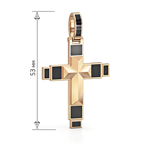 Рельефная подвеска в форме креста, выполнена в геометрическом стиле со вставками черной эмали Рельефная подвеска в форме креста, выполнена в геометрическом стиле со вставками черной эмали