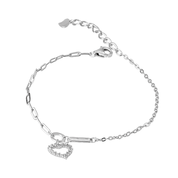Серебряный браслет с комбинации разных звеньев и сердечком задекорированным фианитами 040557 детальное изображение ювелирного изделия Серебряные женские браслеты