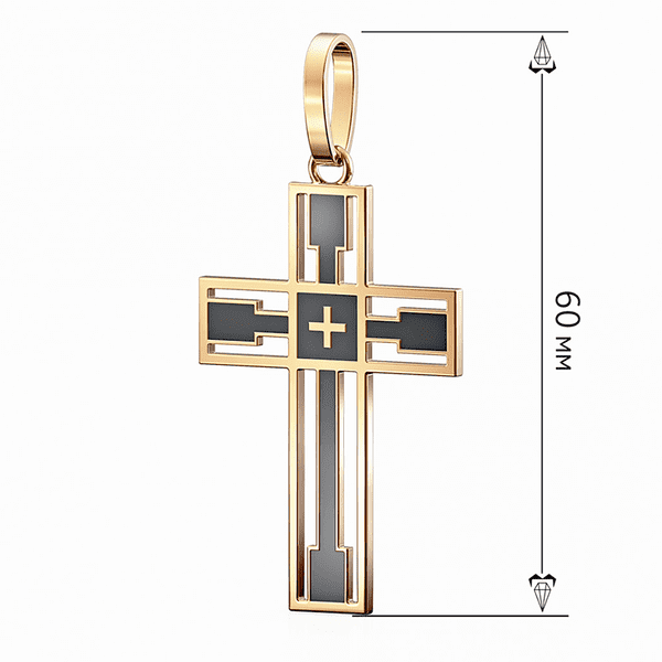 Подвес в виде золотого креста с современным геометрическим дизайном и вставками с черной эмали Подвес в виде золотого креста с современным геометрическим дизайном и вставками с черной эмали