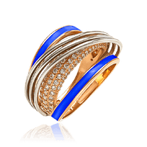 обзорное фото Золотое кольцо с фианитами и синей эмалью 030815 Золотые кольца обзорное фото Золотое кольцо с фианитами и синей эмалью 030815  Золотые кольца