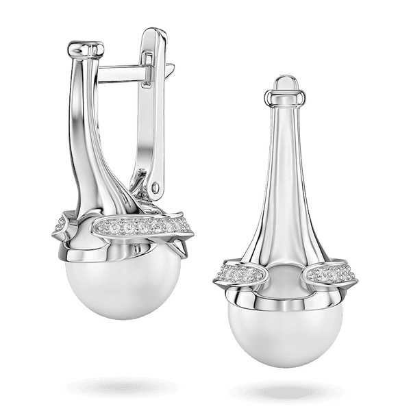 Сережки у білому золоті «AURORA LIGHT» з перлиною та доріжкою діамантів 041254 детальне зображення ювелірного виробу Сережки у білому золоті «AURORA LIGHT» з перлиною та доріжкою діамантів 041254 детальне зображення ювелірного виробу