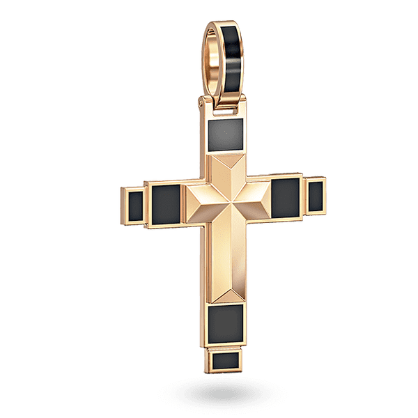 Рельефная подвеска в форме креста, выполнена в геометрическом стиле со вставками черной эмали 040810 детальное изображение ювелирного изделия Декоративные золотые крестики Рельефная подвеска в форме креста, выполнена в геометрическом стиле со вставками черной эмали 040810 детальное изображение ювелирного изделия Декоративные золотые крестики