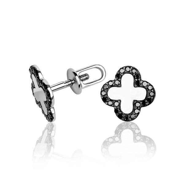 Золотые серьги гвоздики Клевер с черными бриллиантами 031793 детальное изображение ювелирного изделия Золотые серьги с бриллиантами Золотые серьги гвоздики Клевер с черными бриллиантами 031793 детальное изображение ювелирного изделия Золотые серьги с бриллиантами