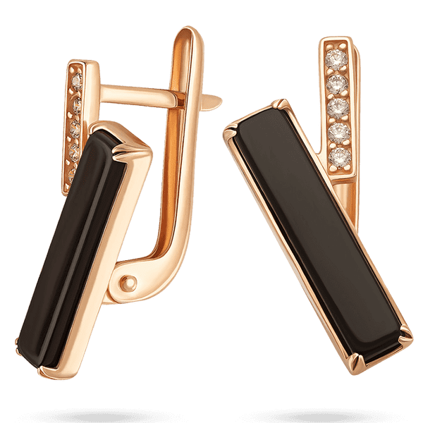 Стильные прямоугольные серьги с черным агатом и белыми фианитами в красном золоте 039610 детальное изображение ювелирного изделия Золотые серьги с агатом Стильные прямоугольные серьги с черным агатом и белыми фианитами в красном золоте 039610 детальное изображение ювелирного изделия Золотые серьги с агатом