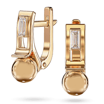 обзорное фото Серьги с фианитом огранки багет и вырезом в прямоугольной верхней части и шариком внизу 040708  Золотые серьги с фианитом