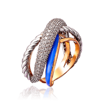 обзорное фото Кольцо из красного и белого золота с синей эмалью и фианитами 030808 Золотые кольца обзорное фото Кольцо из красного и белого золота с синей эмалью и фианитами 030808  Золотые кольца